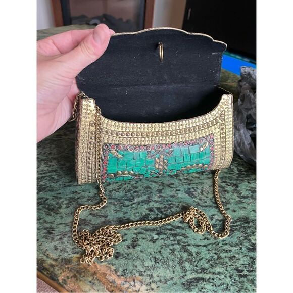 Vintage Cleopatra, like crystal stone bag, purse malachite, gold embellishments - Picture 10 of 11
